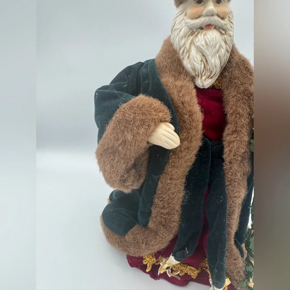 Vintage Victorian Santa Tree Topper Figure Red‎ Green Fur Trim Ceramic Face